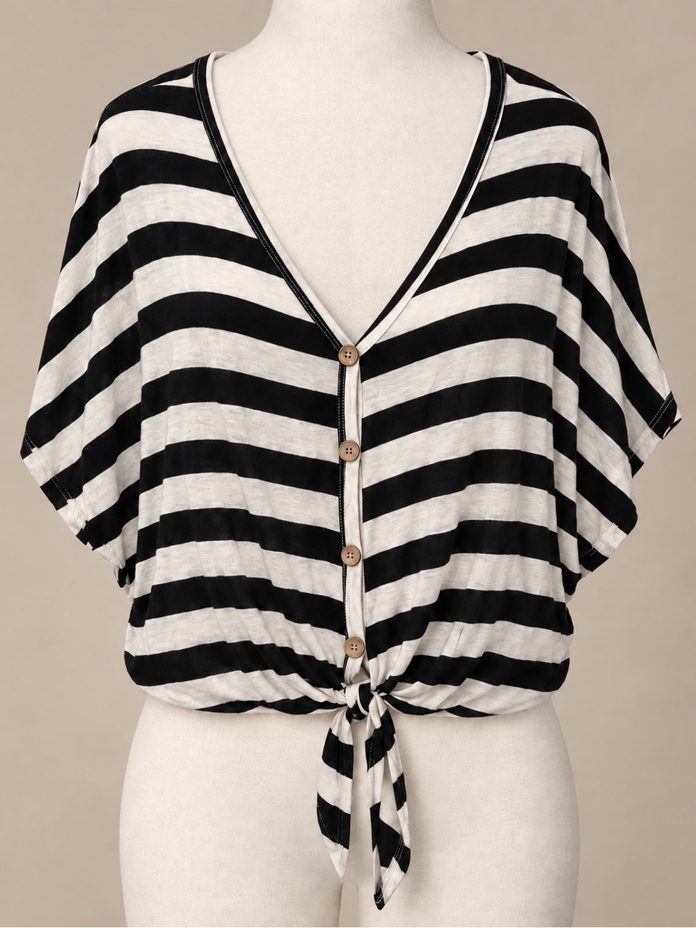 Jolie Black & White Striped Button Front Tie Top Size Large